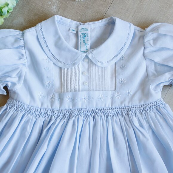 RARE Feltman Brothers Blue Dress 9 Months Smocked Pin Tucks Embroidery Like New
